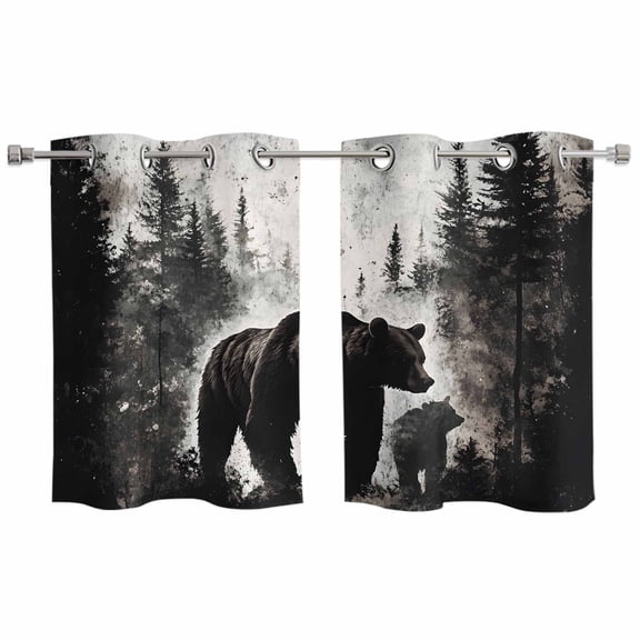 Rustic Black Bear Kitchen Curtains Small Short 39 Inch Length, Country Cabin Forest Wildlife Grommet Top Bedroom Living Room Curtains, Light Filtering Cafe Curtain Drapes 2 Panels Set 55''x39''
