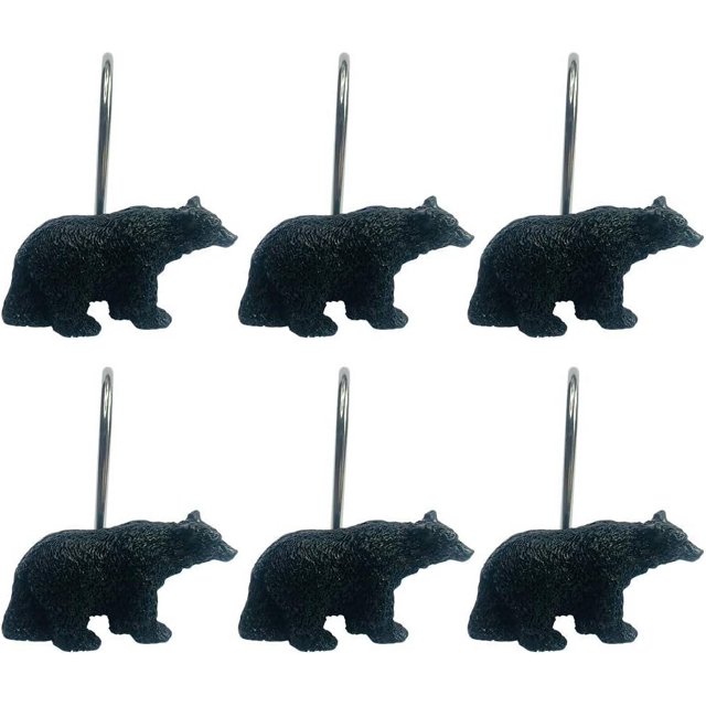 Rustic Black Bear Lodge Shower Curtain Hooks Set of 12