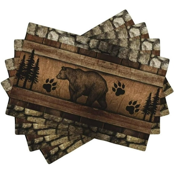 Rustic Black Bear Placemats, Farmhouse Stone Brick Wall Wooden Board Pine Tree Woodland Wild Animal Bear Paw Print Table Place Mats for Kitchen Dining Table Decoration, 12x18 Inch, 4PCS