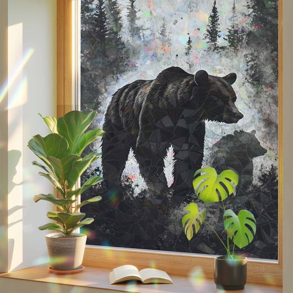 Rustic Black Bear Window Privacy Film Rainbow Static Cling Stain Glass Window Film for Glass Door, Decorative Sunroof Decal Sticker for Car Bathroom Home 23.6"x59" Country Cabin Forest Wildlife