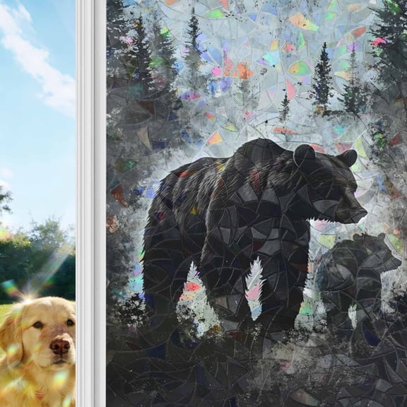 Rustic Black Bear Window Privacy Film Stain Glass,Reusable Decorative Rainbow Window Film,Country Cabin Forest Wildlife Static Cling Sun Blocking Stickers Decals Covers 17.7" x 39.3" (2pcs)