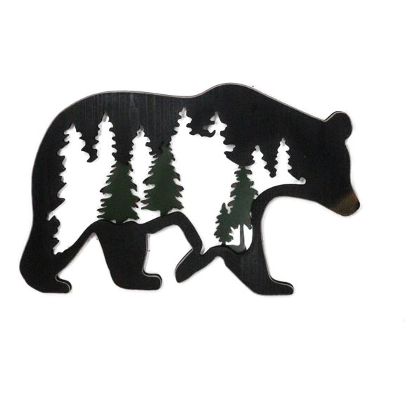 Rustic Black Bear With Pine Trees Forest Silhouette Cutout Wooden Wall Decor