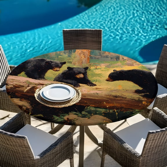 Rustic Black Black Bears Family Forest Round Fitted Tablecloth with Elastic Edge,Waterproof Table Cloth Fits 45"-54" Tables,Wipeable Table Cover for Indoor Outdoor Dinning,Woodland Animal Pattern