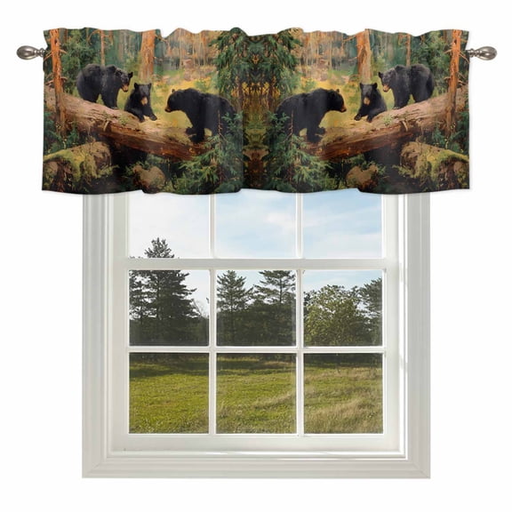 Rustic Black Black Bears Family Forest Valances for Windows Woodland Animals Rod Pocket Curtain Valance Window Treatment Short Curtains for Kitchen Living Room,42x12in