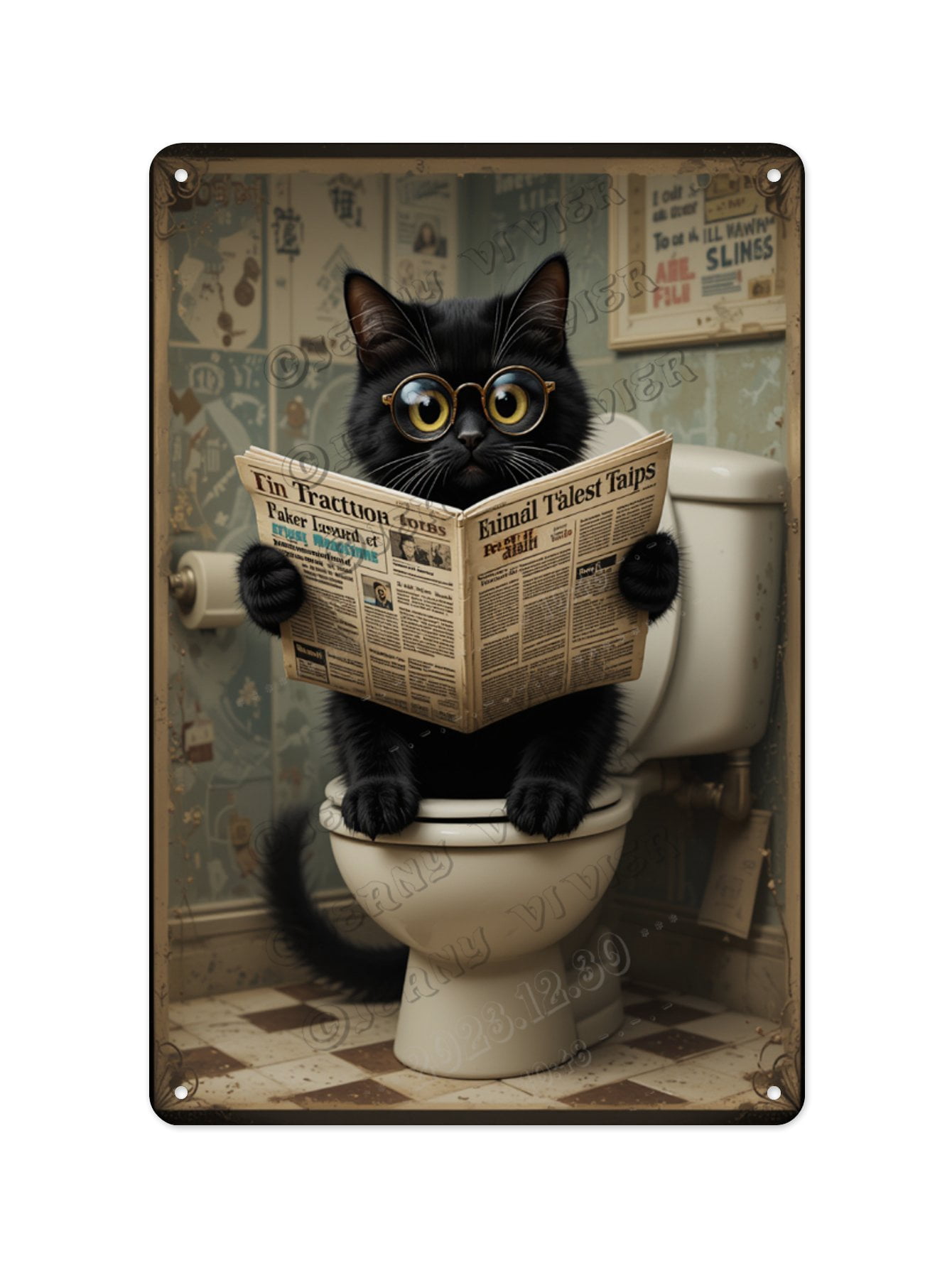 Rustic Black Cat Reading Newspaper on the Toilet Aluminum Sign 12 x 16 ...