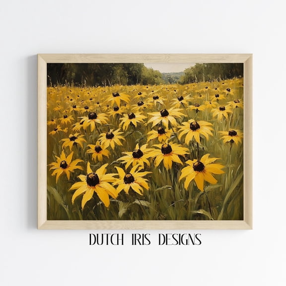 Rustic Black-Eyed Susans Field, Summer Wildflower Wall Art, Cottagecore Decor, Vintage Floral Art Print, Nature Scene 72 Home Decor #1578, Stretched Canvas Size 8x12