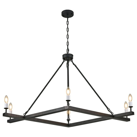 Rustic Black Farmhouse L45" Wood Chandelier Unique Square 6-Light Candle Long Ceiling Pendant Lighting for Living Dining Room Foyer Kitchen Bedroom High Ceiling,E12