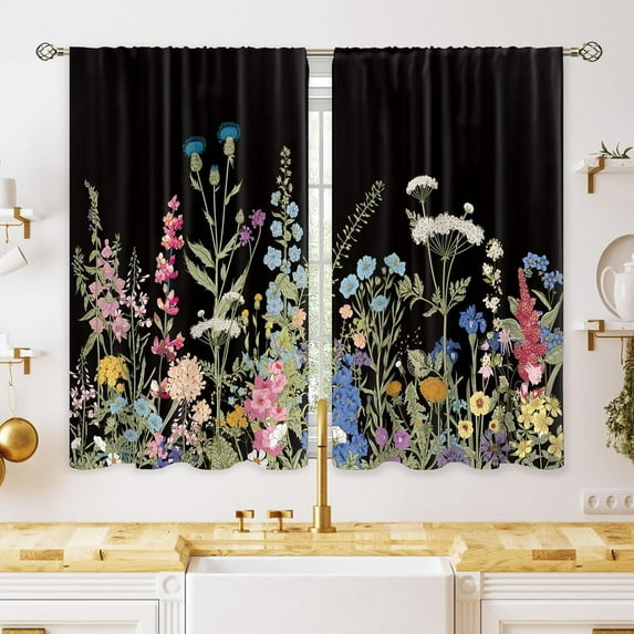 Rustic Black Floral Kitchen Curtains Flower Botanical Small Window Treatment Wildflower Spring Cafe Short Window Curtains for Bathroom Dining Laundry Room Leaf Treatment Drapes 27.5x39 inch