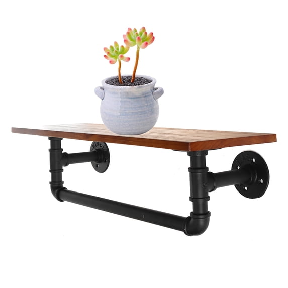 Rustic Black Iron Pipe Shelf Brackets Retro Industrial Wall Mounted Shelf Brackets with 24'' Wooden Board for Office Home Warehouse Christmas Decor