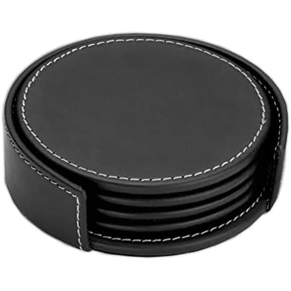 Rustic Black Leather 4-Round Coaster Set$$Home Decor, Kitchen, & Other