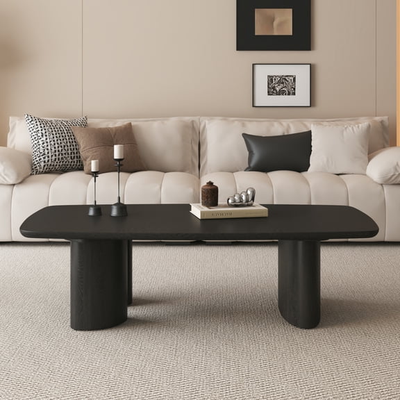 Rustic Black MDF Coffee Table with Ash Veneer Finish 51.2" Wide for Living Room