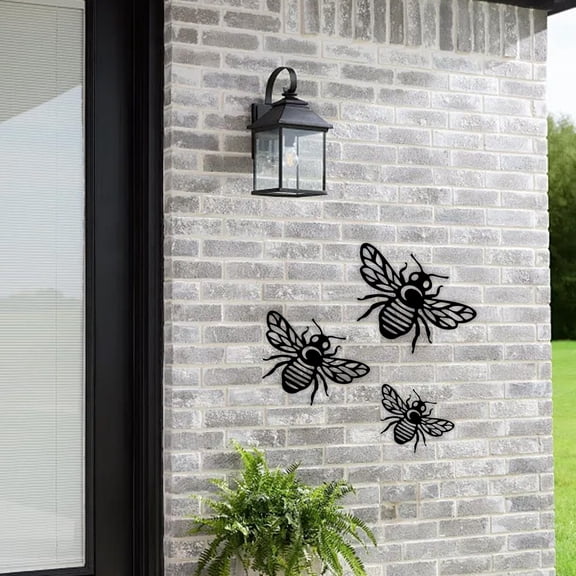 Rustic Black Metal Bee Wall Art Decor Set, Weatherproof Hollow Cutout Iron Insect Silhouette Hanging Ornaments, Summer Outdoor Accent for Garden Fence/Patio/Backyard/Porch/Farmhouse Front Yard, Black
