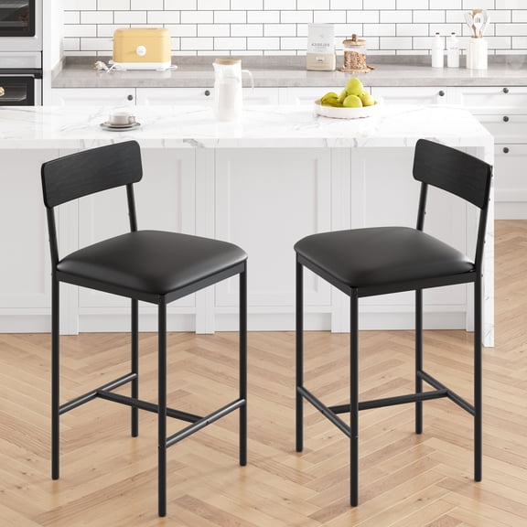 Rustic Black PU Leather Bar Stools Set of 2, Counter-Height with Footrest & Back Support, Easy Assembly for Kitchen Island, Apartment, Counter
