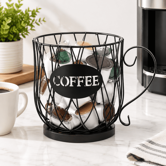 Rustic Black-Round Frosted Iron Wire Wood Coffee Pod Holder for K Cups ...