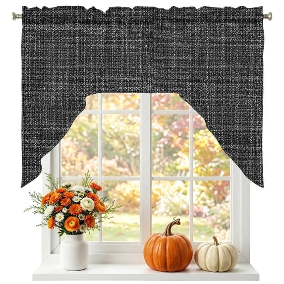 Rustic Black Swag Valances for Windows, Small Curtains Drapes, Farmhouse Solid Color Kitchen Window Curtains Over Sink Rod Pocket Window Treatment Valance for Bedroom/Bathroom 56"x36"