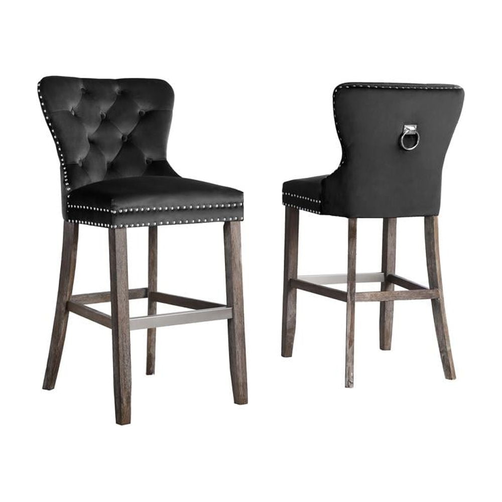 Black Velvet Tufted Bar Stools with Wood Legs and Chrome Footrest (Set of 2)