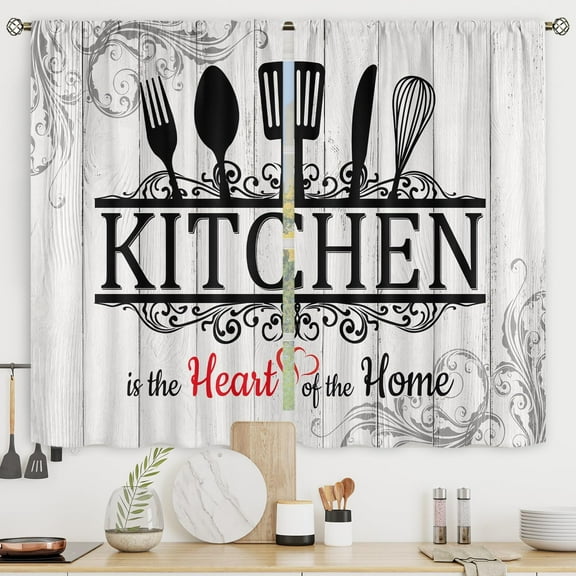 Rustic Black White Kitchen Curtains Short Small Funny Quotes Farmhouse Wooden Plank Wood Knife and Spoon Rod Pocket Country Farm Bedroom Living Room Treatment Fabric 2 Panels 27.5Wx39H Inch