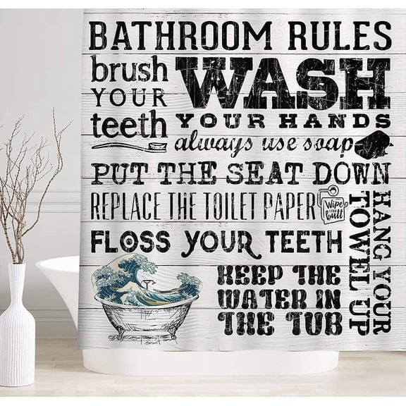 Rustic Black and White Shower Curtain for Bathroom, Bathroom Rules Decor with Japanese Wave Funny Quotes on Wooden Board Background, Fabric Cloth Shower Curtain Accessories Sets
