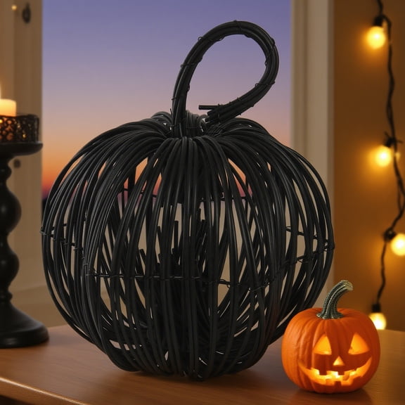 Rustic Black Woven Rattan Halloween Pumpkin Lantern, Spooky Haunted House Visual For Indoor Tabletop Trick Or Treat Party Setup, Heat Resistant Durable Craft Material For Party Guests Kids