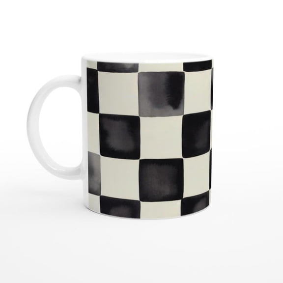 Rustic Black and White Check Ceramic Mug - Farmhouse Coffee Cup.