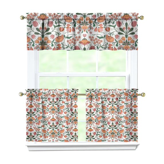 Rustic Blooming Curtains 24 Inch - 3 Panel Bohemian Country Farmhouse Set with Vintage Floral Print, Rod Pocket Kitchen