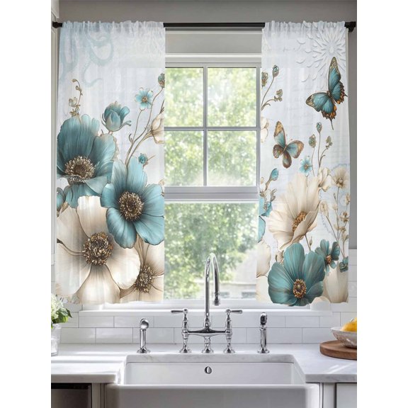 Rustic Blossom Flower Butterfly Sheer Curtains 2 Panels Set Pastoral Plant Blue Back Lihgt Filtering Rod Pocket Voile Drape,Semi Sheer Window Curtains for Bedroom Living Room,52"x72"