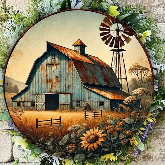 Rustic Blue Barn with Windmill & Sunflower Round Aluminum Sign, Vintage Farmhouse Wall Decor, 1pc, 8" Wall Art Metal Sign, For Kitchen, Door, Room, Bathroom, Ideal Gift, Weather Resistant, 2D Flat