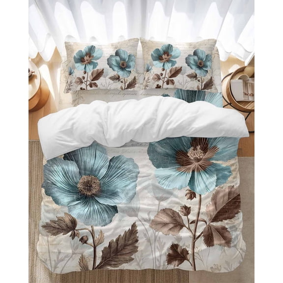 Rustic Blue Bedding Duvet Cover Set Full Size 4 Pieces Broccoli Flower Leaf Farmhouse Vintage Brown Bedding Set with Zipper Closure, 1 Comforter Cover 86x86 Inches 1 Flat Sheet & 2 Pillow Cases