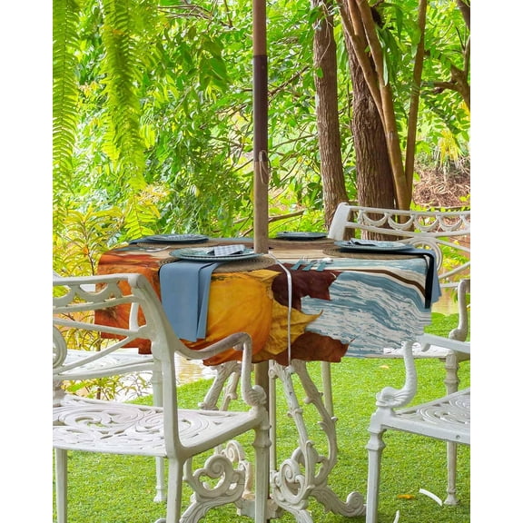 Rustic Blue Brown Fall Outdoor Tablecloth - 60 Inch Round Dining Table Cover, Thanksgiving Orange Pumpkins Waterproof Outdoor Table Cloth with Umbrella Hole & Zipper for Picnic/Patio/Party