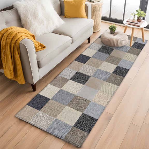 Rustic Blue Brown Plaid 2'x6' Runner Rug, Farmhouse Checkered Washable Non-Slip Area Rugs for Hallway Kitchen Floor Bedroom Entryway, Long Laundry Carpet Decoration Indoor Mat