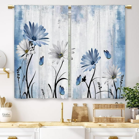 Rustic Blue Daisy Floral Kitchen Curtains Farmhouse Flower Small Short Cafe Window Curtains Butterfly Country Rod Pocket Bathroom Window Drapes Treatment Tier Curtains 2 Panels (27.5x39 Inch)