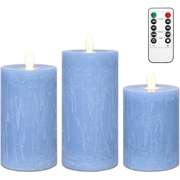 Rustic Blue Flameless Candles with Remote Control & Timer Real Wax Ocean Pillar LED Candles Rough Texture Design Battery Candles for Home Party Nautical Wedding Christmas Valentine's Day Decor