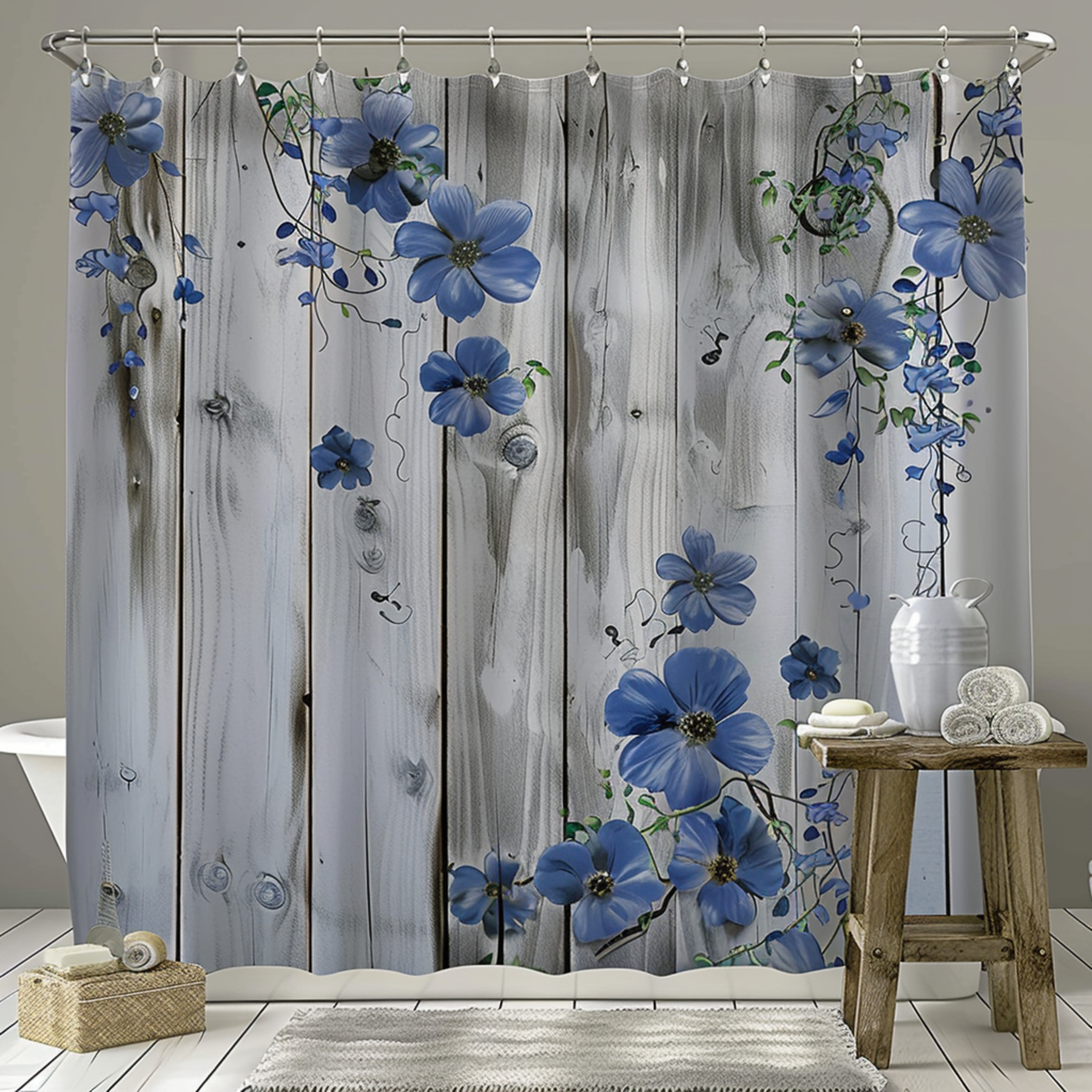 Rustic Blue Flower Bathroom Curtain with Grey Wood Background Vintage
