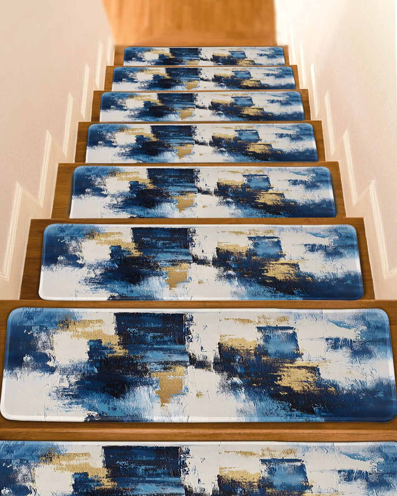 Rustic Blue Gold Non-Slip Stair Treads for Wooden Steps, 15 Pack-8x30in ...