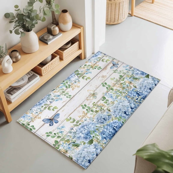 Rustic Blue Hydrangea Butterfly Rectangle Area Rug 2x3ft,Living Room Rug Non-Slip Washable Circle Rugs Pad,Pastoral Flower Leaf Wood Board Soft Floor Carpet for Bedroom Dining Room