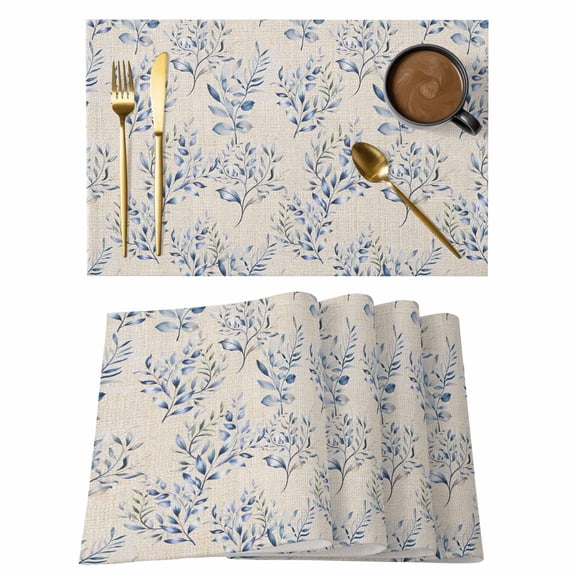 Rustic Blue Leaves Placemats Set of 12, Farmhouse Botanical Beige Placemats for Dining Table, Place Mats for Kitchen Tabletop, Waterproof Wipeable Dining Table Mats Set