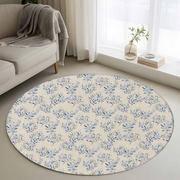 Rustic Blue Leaves Round Area Rug 3 FT, Small Kitchen Bathroom Mats, Farmhouse Botanical Beige Washable Indoor Outdoor Throw Runner Carpet Non-Shedding Doormat for Table Shower Sofa Entryway