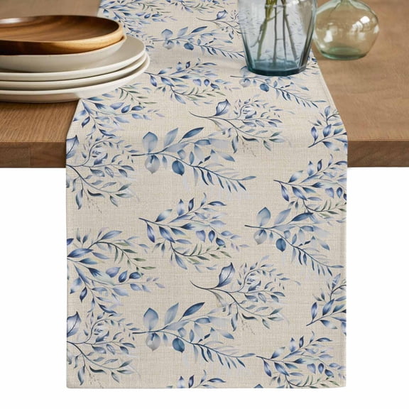 Rustic Blue Leaves Table Runner, Farmhouse Botanical Beige Washable Cotton Linen Table Runners 48 Inches Long, Dresser Scarf Runner for Nightstand/Coffee/End Tables 13''x48''