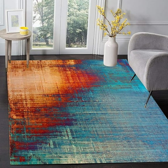 Rustic Blue Orange Vintage Abstract Area Rugs Retro Accent Modern Art Deco Rug For Living Room Bedroom Washable Carpet Under Dining Table Lux Home Office Floor Rug 3 x 5ft