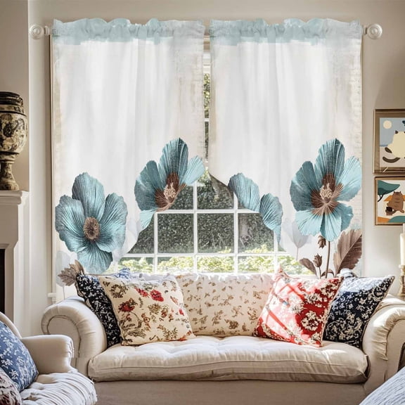 Rustic Blue Swag Curtain Valance for Windows, Broccoli Flower Brown Leaf Farmhouse Vintage Window Treatments Short Swag Topper for Kitchen Windows Bathroom Bedroom, 36"x63"