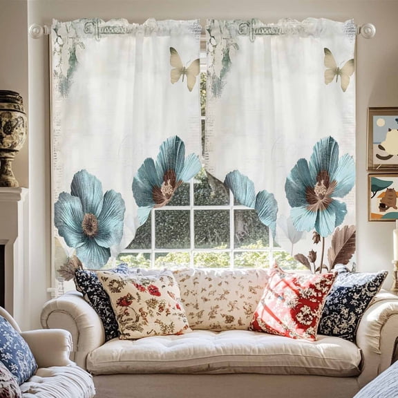 Rustic Blue Swag Curtain Valance for Windows, Broccoli Flower Brown Leaf Vintage Farmhouse Window Treatments Short Swag Topper for Kitchen Windows Bathroom Bedroom, 36"x45"