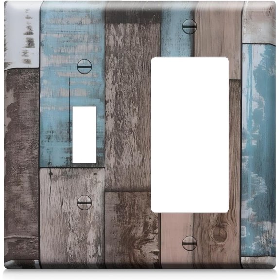 Rustic Blue Teal Gray Wood Plank Decorative Outlet Covers 2 Gang Wall Plate Single Toggle Rocker Combination Light Switch Cover Decorative for Bedroom Bathroom Decor