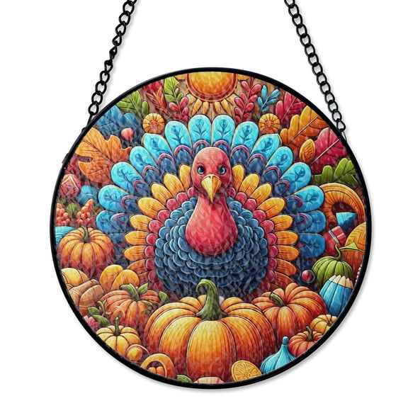 Rustic Blue White Pumpkins Stained Glass Suncatcher UV Printed Glass Farmhouse Fall Decor Round