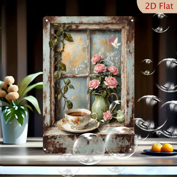 Rustic Blue & White Window Still Life Wall Art 8x12 Inches, Vintage Porcelain Teacup Pink Roses Ceramic Pitcher Metal Tin Sign Decorative Print for Kitchen Cafe Home