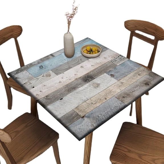 Rustic Board Elastic Fitted Tablecloth, Farmhouse Wood Texture Wipeable Square Table Cover, for Indoor Holiday Family Banquet and Outdoor Patio Use, Fits to 36 x 36 in Table