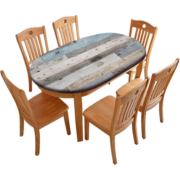 Rustic Board Oval Fitted Tablecloth, Farmhouse Wood Texture Elastic Edge Fitted Reusable Oblong Table Cover for Indoor Dining Table Decoration, 48" x 68" (Oval)