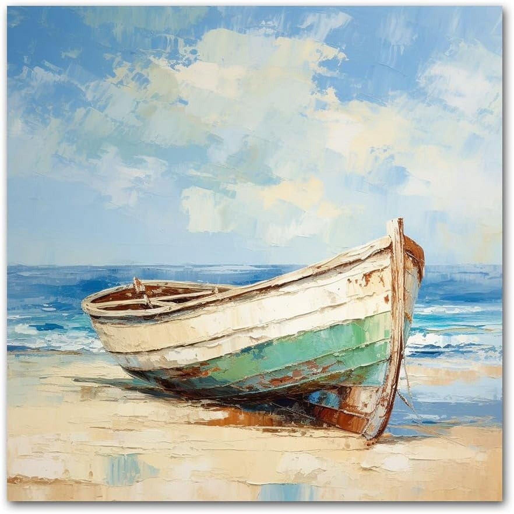 Rustic Boat Canvas Wall Art Beach Picture Coastal Wall Decor Prints for Bathroom Bedroom Farmhouse