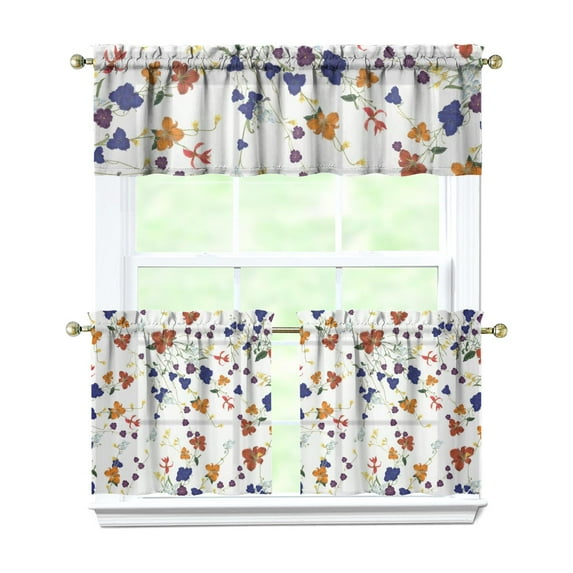 Rustic Bohemian Curtains 24 Inch Short - 3 Panel Wildflower Farmhouse Set with Vintage Floral Design, Rod Pocket Kitchen