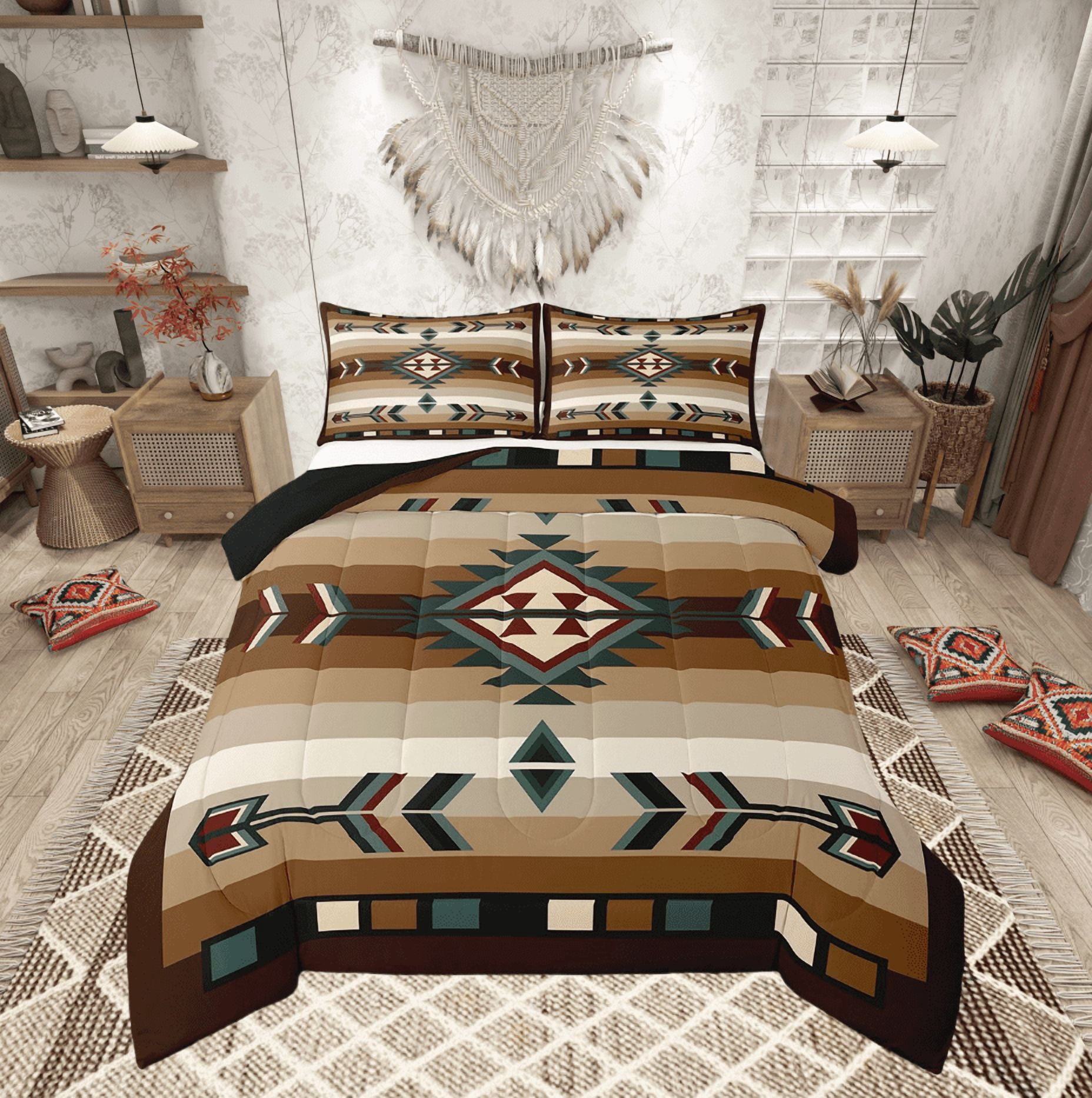 Rustic Bohemian King Comforter Set American Southwestern Bedding Set Boho Western Aztec Exotic Bed Comforter Sets Men Vintage Country Farmhouse Quilt Duvet 3 Pcs