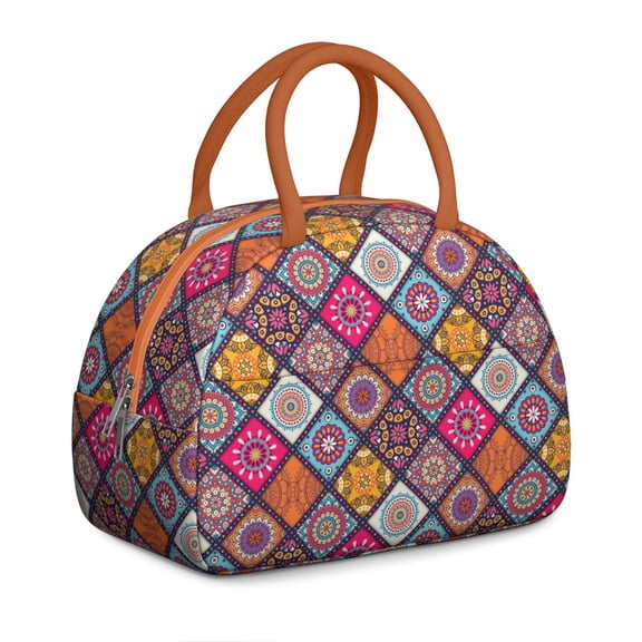 Rustic Bohemian Lunch Tote for Women, Ethnic Style Insulated Lunch Bag with Retro Hippie Patterns, Reusable Leakproof Cooler for Office or Picnic Use